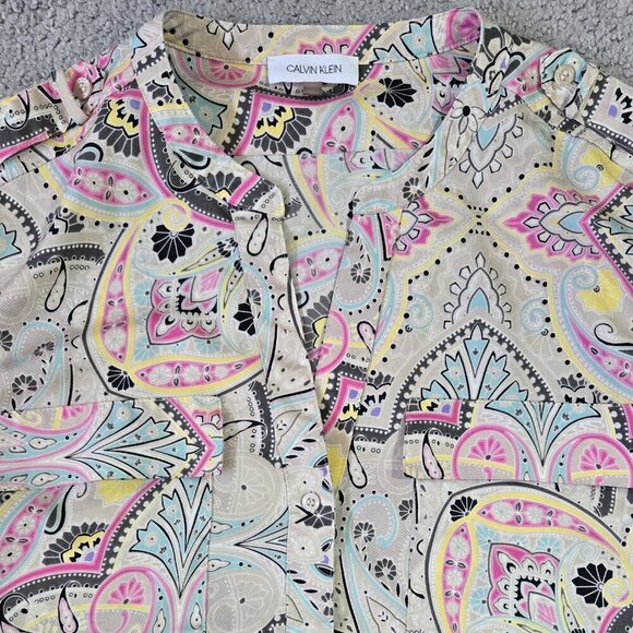 Calvin Klein Multicolor Abstract Paisley Roll Tab Sleeve Button-Up Shirt Boho - Picture 4 of 8